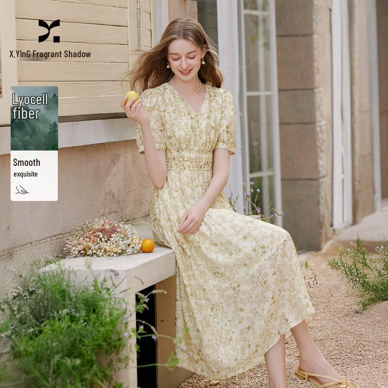 Xiangying Women s Floral V-neck Tencel Dress L