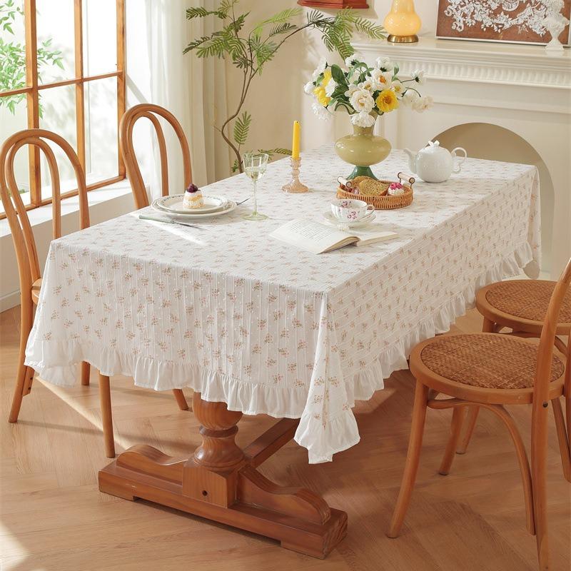 Cotton Printed Pastoral Fresh Table Cloth Green Plants Flowers Lotus Leaf Edges Coffe Tea Tablecloths Ins Table Cover Decoration