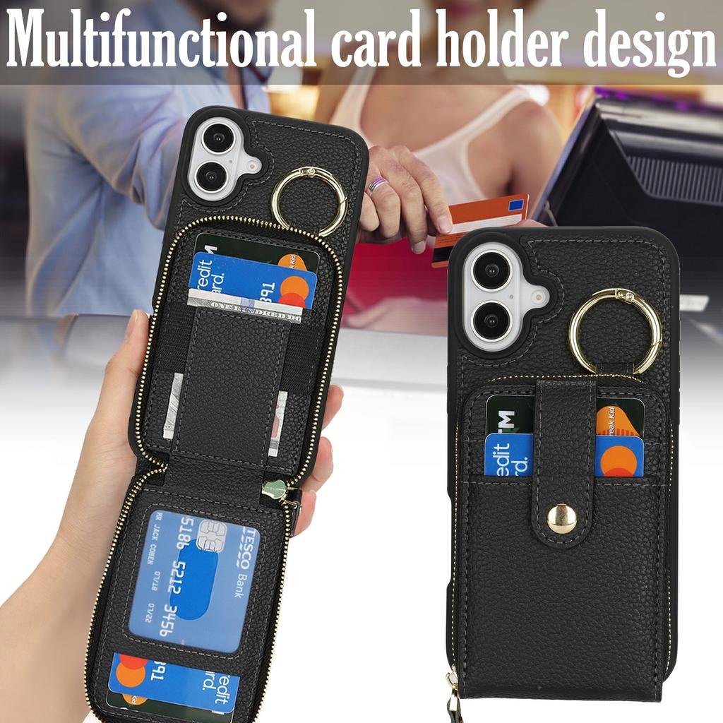 For iPhone 16 Plus Case with Zipper Pouch/Ring Kickstand/Strap Litchi Texture PU + TPU Phone Cover