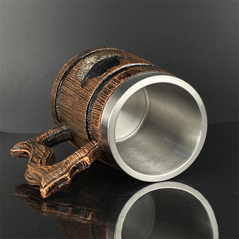 580ml Lion Tiger Wooden Barrel Drinking Cup 3D Stainless Steel Mug Resin Beer Stein Tankard Coffee Tea Cup Halloween Gift Bar