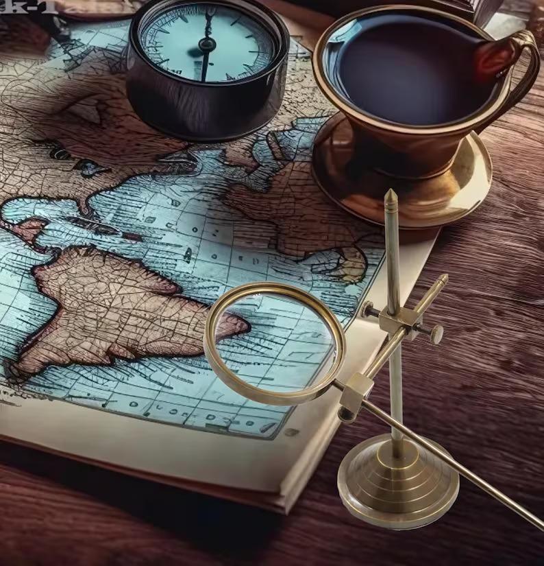 Vintage Brass Magnifying Glass On Stand: Adjustable Desk Magnifier