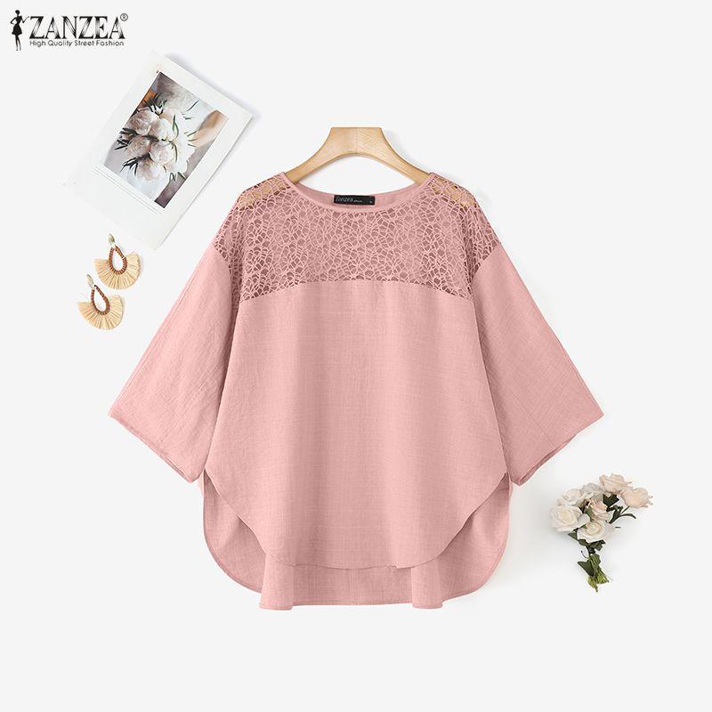 ZANZEA Women Hollow Lace Splice Round Neck Casual 3/4 Sleeve Blouse
