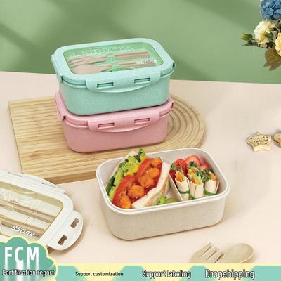 Wheat Straw Compartmentalized Bento Lunch Box with Snap-Lock, Microwaveable & Insulated, Includes Cutlery.