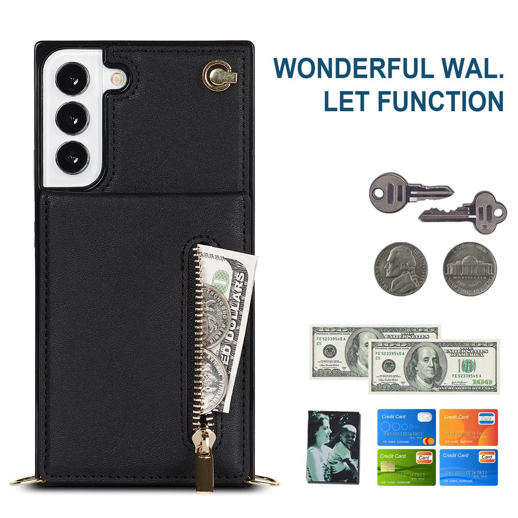Lanyard Cards Solt Cover Zipper Wallet CrossBody Case For Samsung Galaxy S24 Ultra S22 S21 Note20 S20 S10 S23 Plus Stand Cover