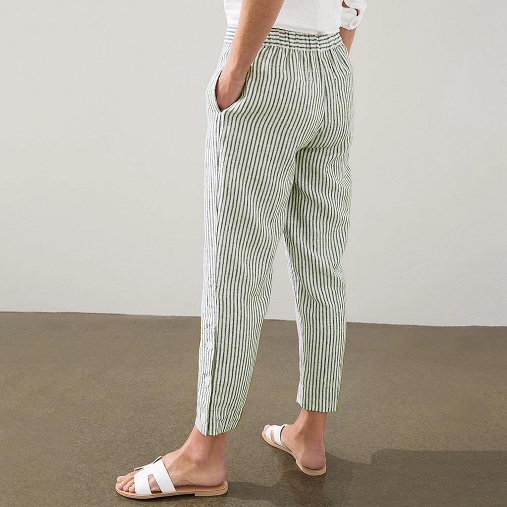 Women’s Casual Linen Striped Pants with Button and Side Pockets Relaxed Fit Ankle Length Trousers for Everyday Wear
