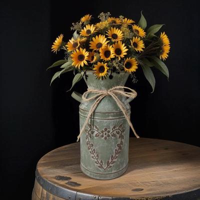French Rustic Bucket Shabby Chic Milk Can Galvanized Vase Metal Jug Farmhouse Decor
