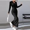 Women's Knit Dress Fall Casual Long Sleeve Lapel Collar Solid Color Bodycon Long Dresses Maxi for Female Going Out Streetwear