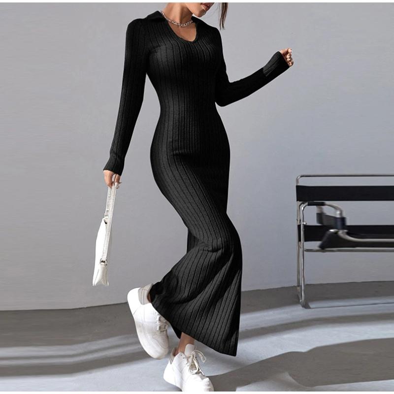 Women's Knit Dress Fall Casual Long Sleeve Lapel Collar Solid Color Bodycon Long Dresses Maxi for Female Going Out Streetwear