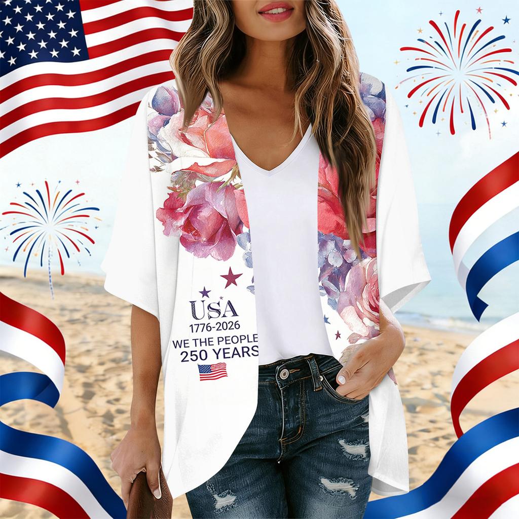 Women's Independence Day Print Cardigan, Loose-Fit Tunic, Casual Shirt