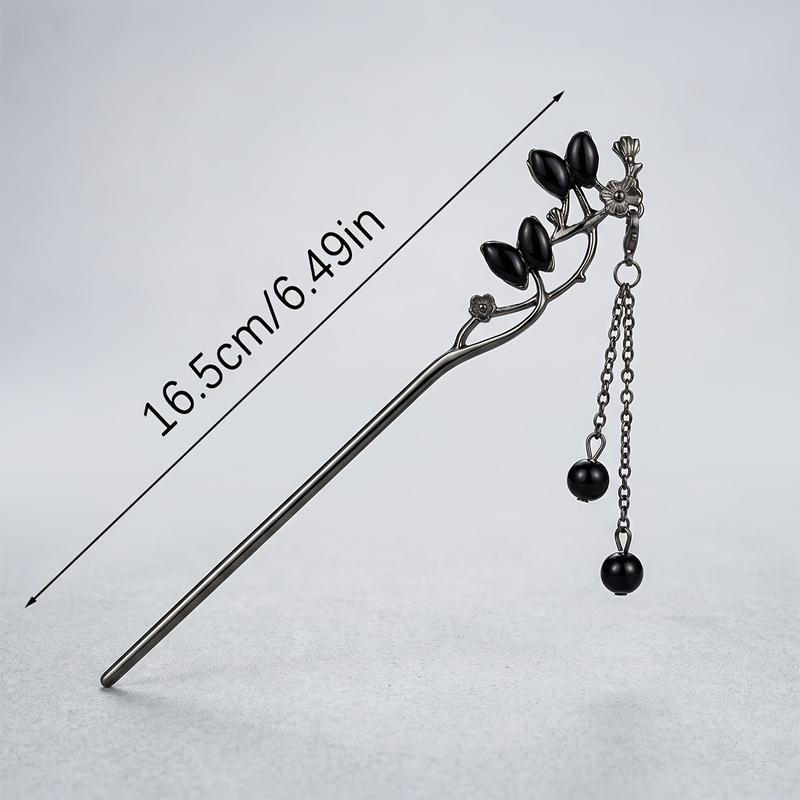 1 Pack Black Butterfly Branch Leaf Tassel Hairpin With Black Beads, Cool Stylish New Chinese Hair Accessory For Hanfu