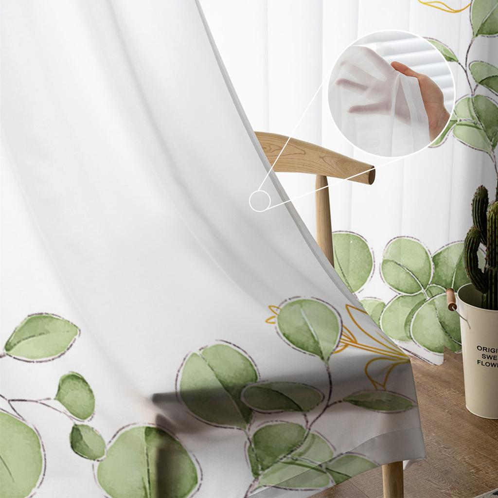 Summer Watercolor Eucalyptus Leaves Sheer Curtains for Living Room Decoration Window Curtains Kitchen Tulle Voile Curtains