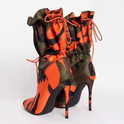 Autumn and Winter Footwear Plus Size Comfortable Pointed Thin Heel Camo Color Elastic Drawstring High Heel Women's Boots