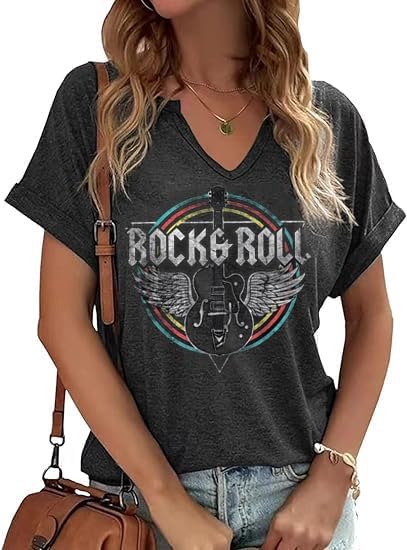 Women Vintage V Neck Shirts Rock and Roll Music Guitar Graphic T Shirt Country Music Tops Teacher Tee Unisex T-Shirt S