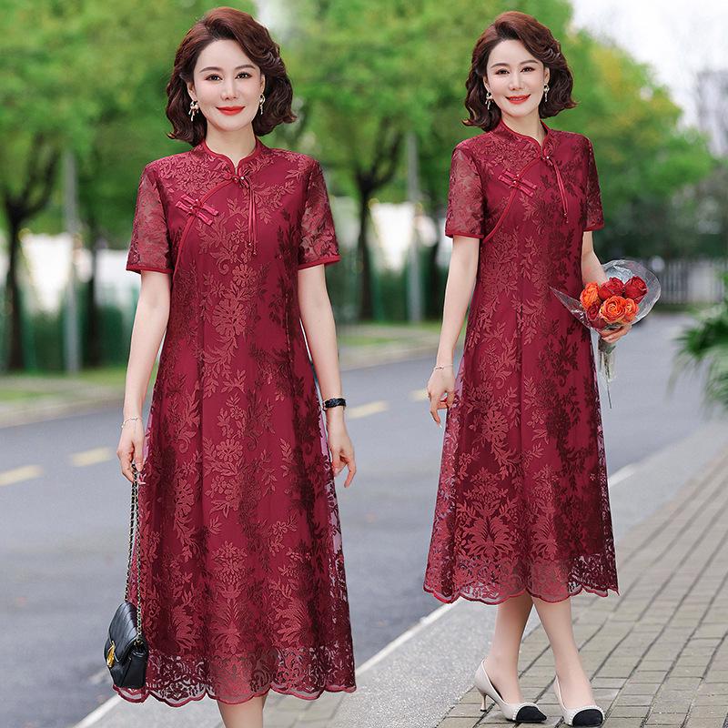 Retro Chinese Style Cheongsam Knee-Length Dress for Middle-Aged Women