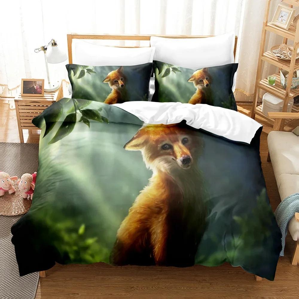 Cartoon Fuchs Bettwäsche Set Niedlicher Fuchs mit Blume Feder Stirnband Bettbezug Einzelbett Doppelbett Queen-Size King-Size Polyester Bettbezug Mädchen Jungen