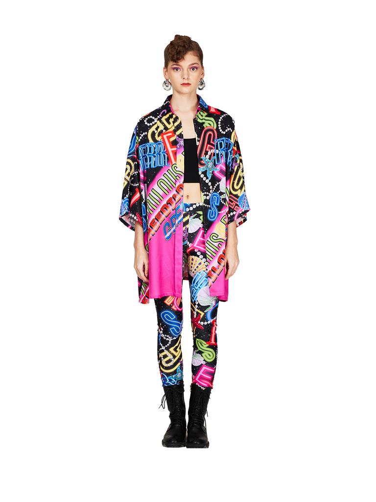 GREEDILOUS Neon Sign One-Point Print Button-Down Shirt