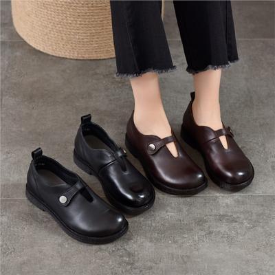 Retro Vielseitige Loafer Runde Spitze Echtes Leder Damen Niedrige Absatzschuhe