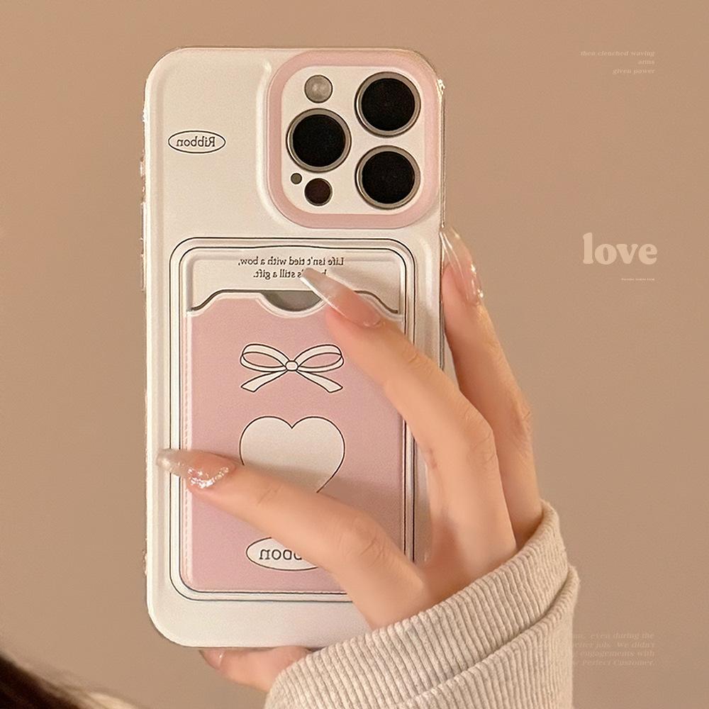 Korean Pink Love Card Bag Suitable for Apple 15 Promax Mobile Phone Case Iphone14 Niche 16 All Inclusive 13 Soft