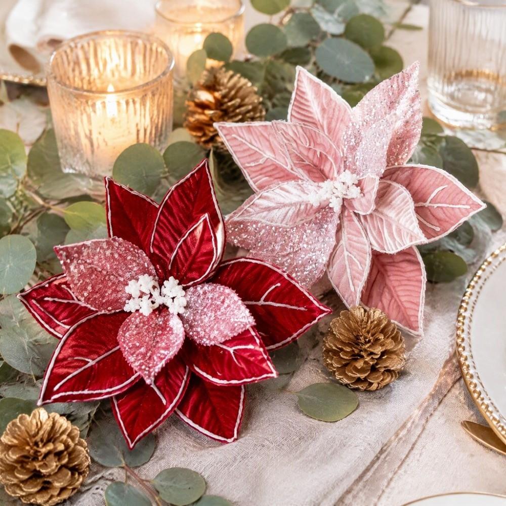 Glitter Powder Artificial Poinsettia Pick Colorful Christmas Decor Flower Christmas Tree