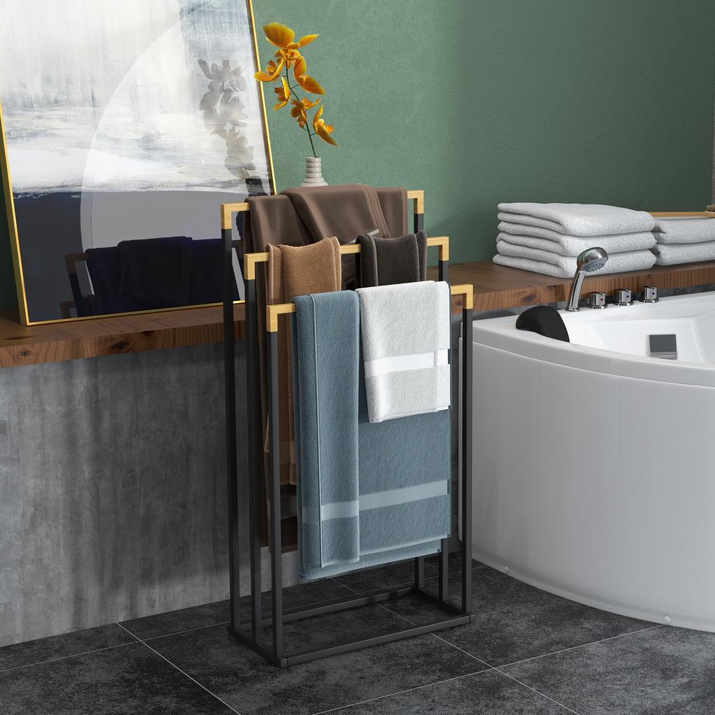 Towel Rack Towel Rack Set 3 Towel Bars, Industrial Design, Bamboo, 45 x 22.5 x 86 cm, Black + Natural