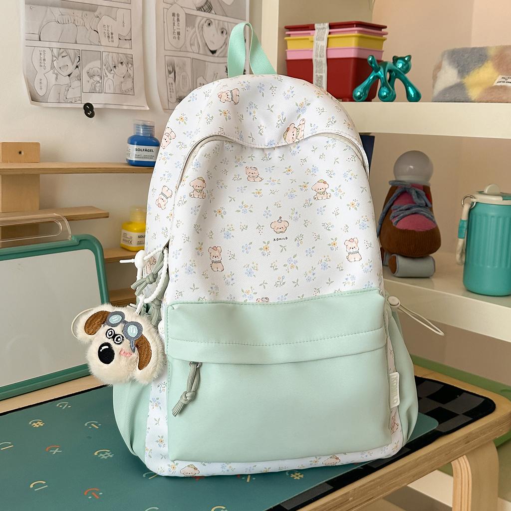 Schoolbag milky white fresh floral cute bear patchwork student backpack for students and healing style gentle bestie travel mini backpack