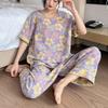 Women's Home Suits Short-sleeved Trousers Suits for Summer New Pijamas Female Pure Cotton Gauze Print Pajamas Set Plus Size