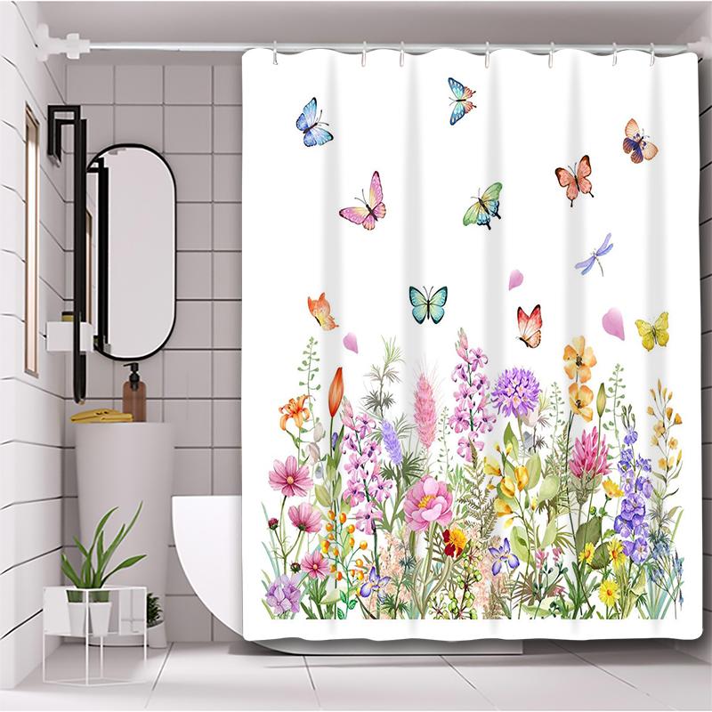 Butterfly and Floral Bathing Curtain  Bathroom Letters Shower Curtain Waterproof With 12 Hooks Fishes Home Deco Free Ship