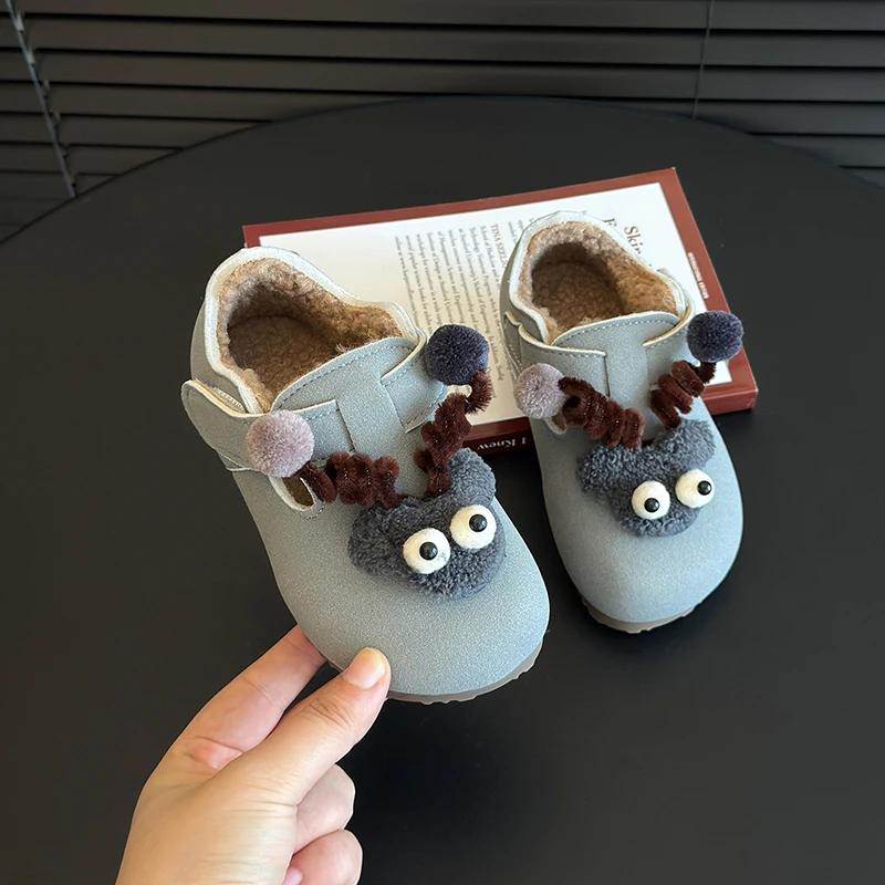 2024 Kids Plush Flats for Girls Winter New Fashion Korean Cute Style Soft Anti-slippery Versatile Chic Keep Warm Leather Shoes
