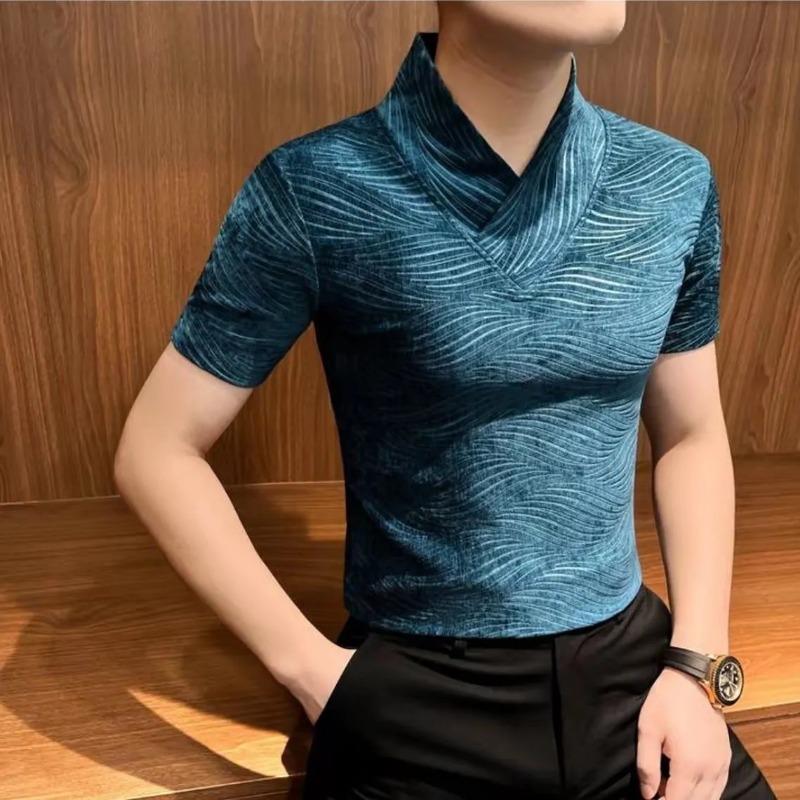 

Men s V-Neck Short Sleeve Shirt Vintage Wave Pattern Velvet T-Shirt Casual Slim Fit Top L синий