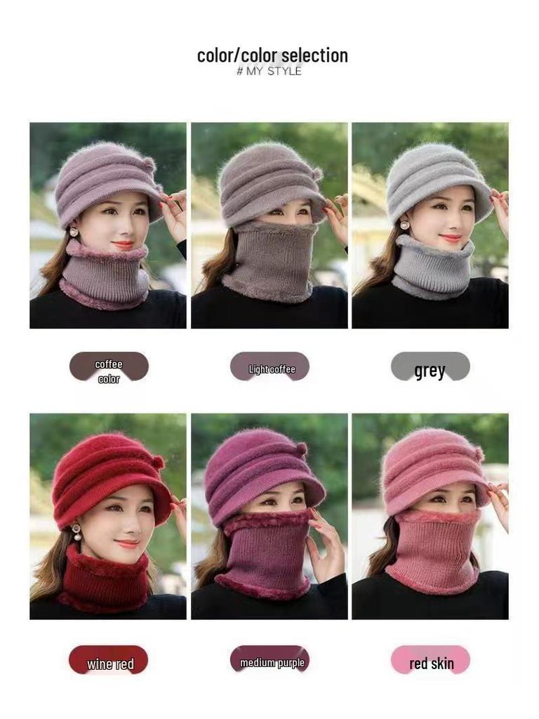 Warm Winter Knitted Hat for Middle-aged & Elderly Women - Rabbit Fur & Velvet, Ideal for Travel
