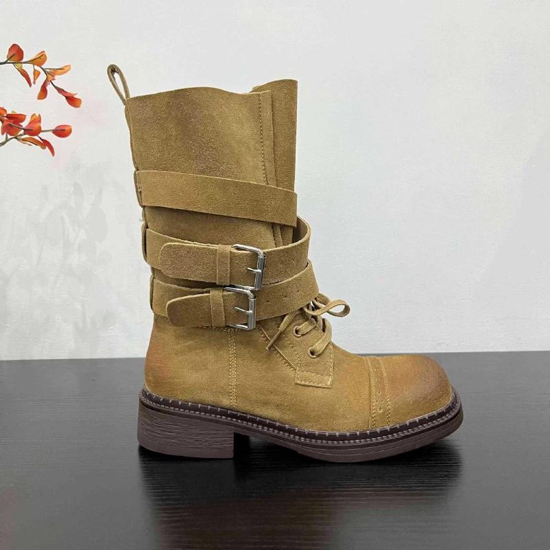 

Vintage Suede Lace-up Mid-boots Women Fashion Design Rubbed Color Ankle Boots Cross Belt Buckle Motorcycle Boots Female 40