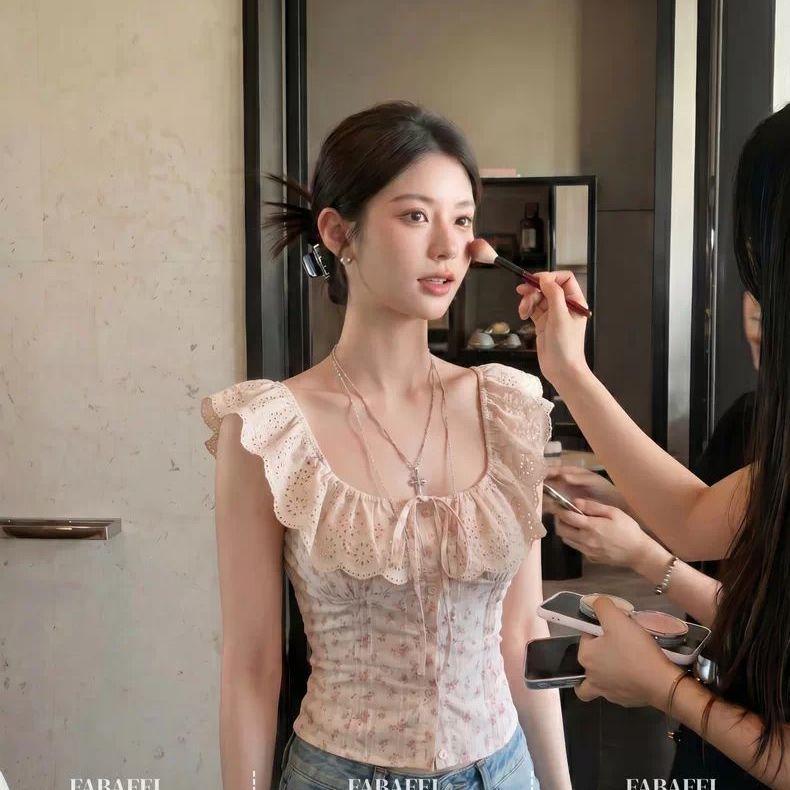 French gentle wind floral fungus edge vest women's summer new square neck lace-up waist thin short top