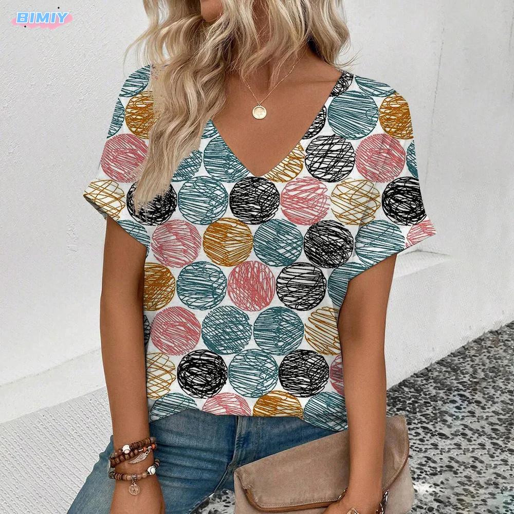 

2025 Ретро-футболка с принтом в виде точек, модная женская футболка для отдыха с коротким рукавом, женская футболка с V-образным вырезом, женская летняя футболка 8XL