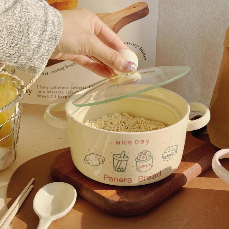 Cute Ceramic Double-Ear Noodle Bowl with Lid