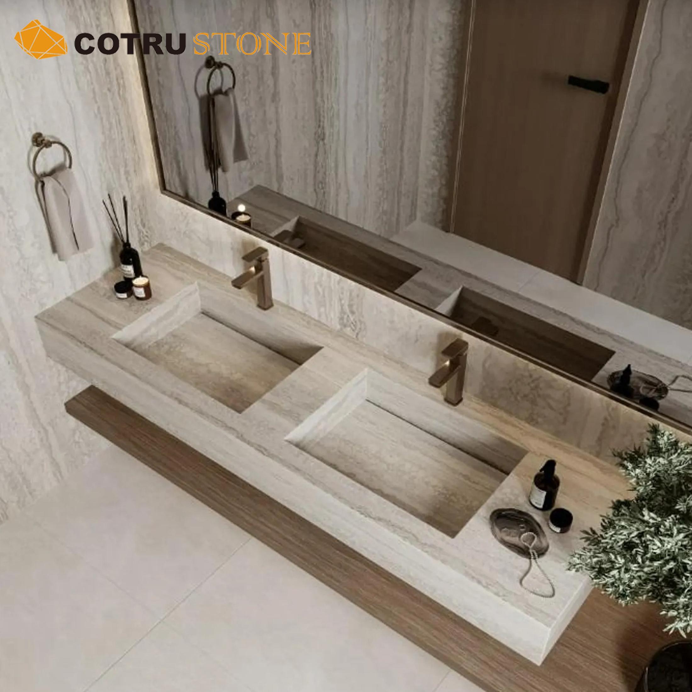 Custom Travertine Double Sink Handcarved Wall Mount Bathroom Vanity Top for Powder Room (Beige,Travertine) бежевый