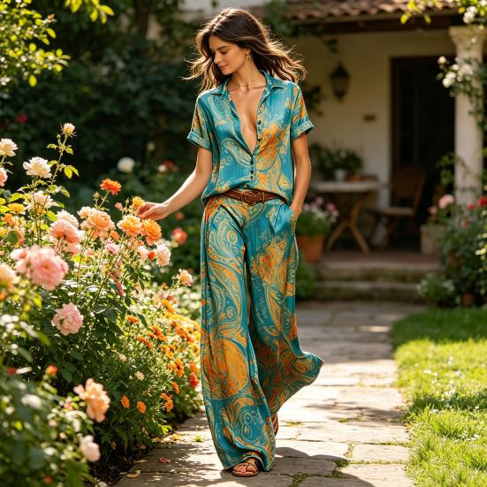 2-teilige Sets für Damen, Lässiges kurzärmeliges Hemd mit Knöpfen und Wide-Leg-Hosen-Kombinationen, Sommerliche bedruckte Urlaubs-Outfits