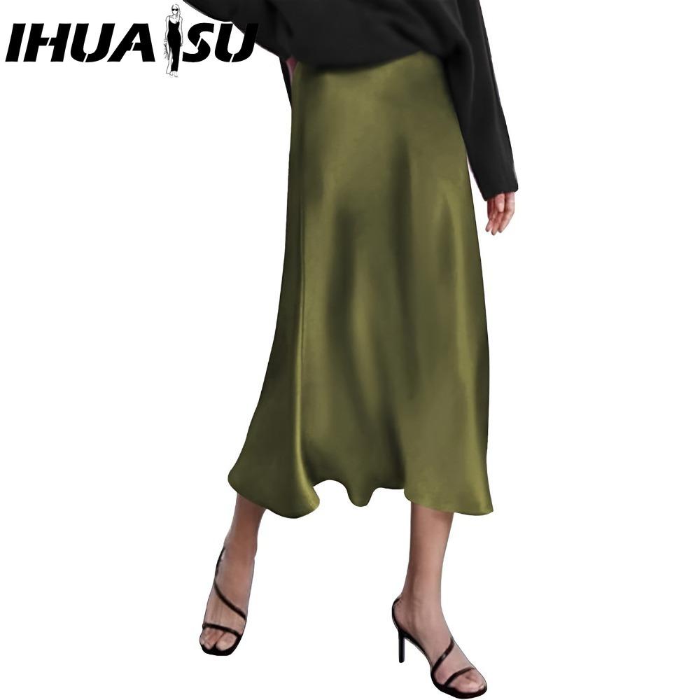 

IHUASU Женская Мода Повседневная Однотонная Принтованная Летняя Весенняя Юбка XL армия зеленый