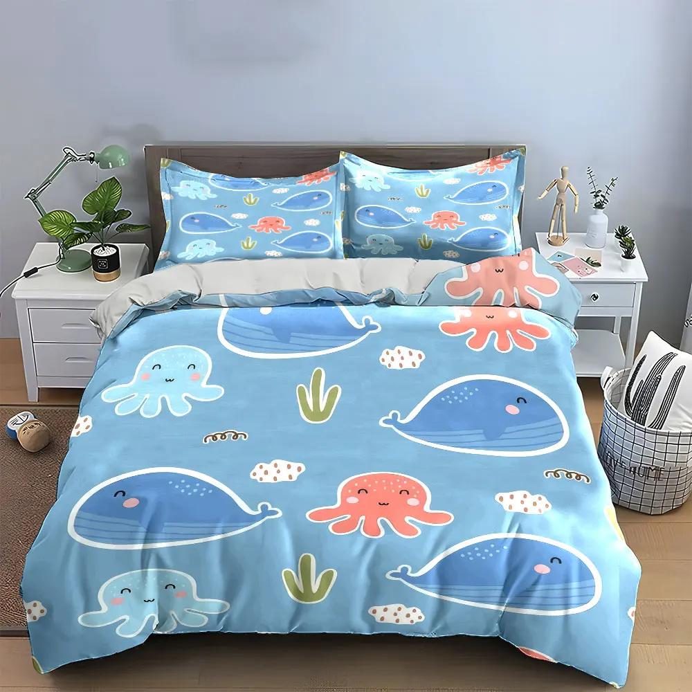 Cartoon Marine Animal Decor Set Soft Comfortable Duvet Cover Bedding Set Included 1*Duvet Cover & 2*Pillowcases Gift