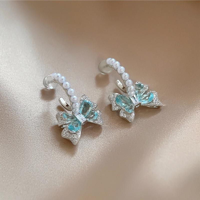 Elegant Blue Zircon Bow Pearl Stud Earrings – High-End, Versatile Fashion for Women