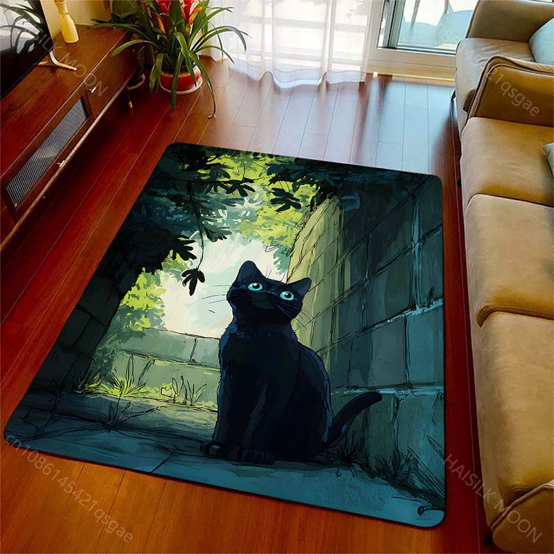 Multiple Sizes Black Cat Blue Eyes Leafy Alley Print Carpet for Living Room Bedroom Sofa Home Decor Non-slip Mat Luxury Gift