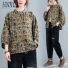 HNXC Cotton Linen Women Shirt Vintage Oversized Blouses Floral Print Harajuku Raglan Sleeve Casual Loose Female Button Down Shirts Tops