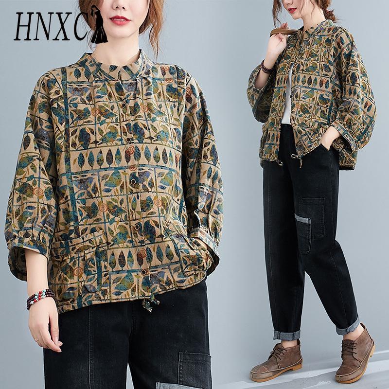 HNXC Cotton Linen Women Shirt Vintage Oversized Blouses Floral Print Harajuku Raglan Sleeve Casual Loose Female Button Down Shirts Tops