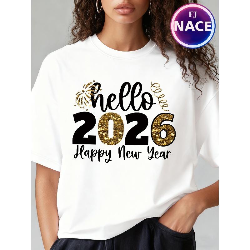 

Женская футболка с графическим принтом Hello Свободная Повседневная С круглым вырезом С коротким рукавом Тема С Новым Годом Прощай Старый Год Верх S белый