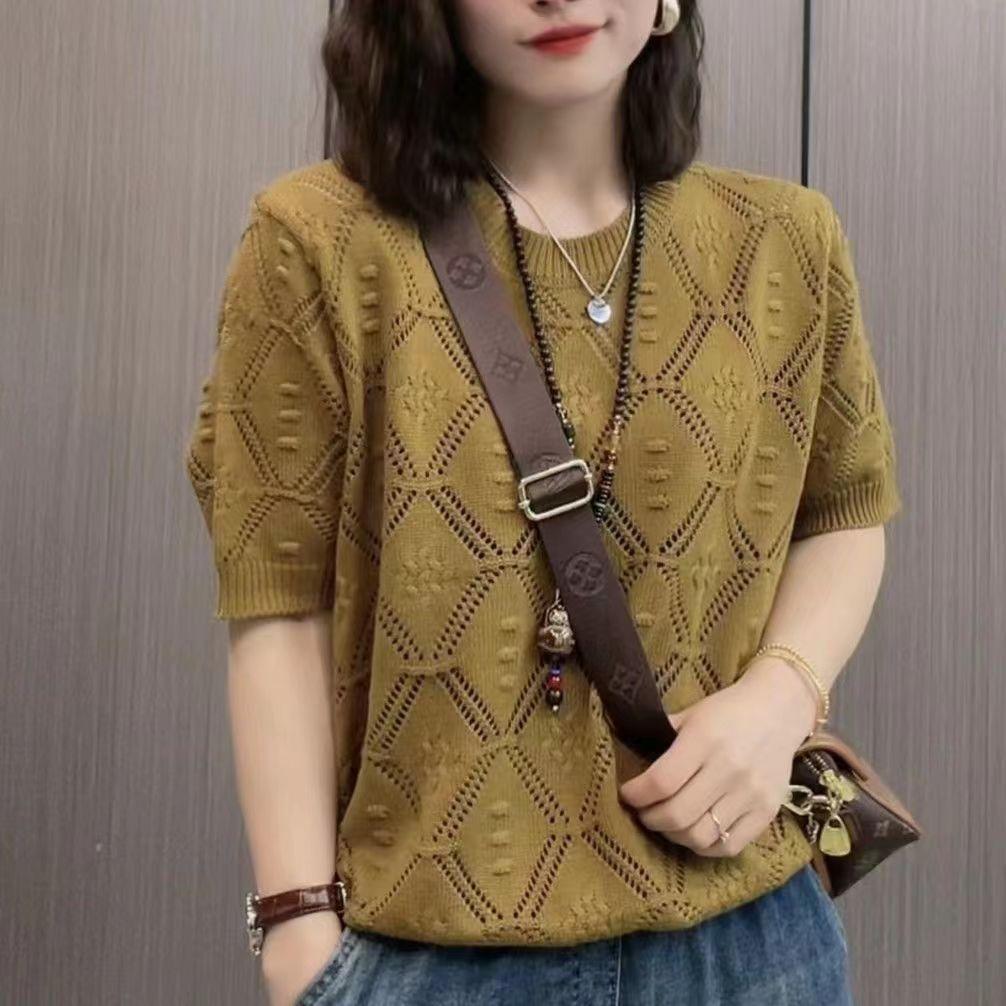 Spring and Summer Hollow Loose Knitted Top for Women Round Neck Casual Short Sleeve T-shirt for Women