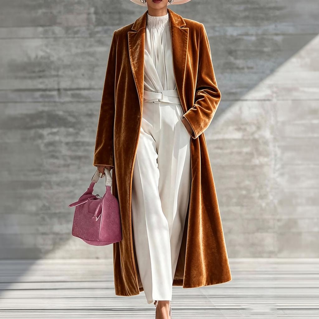Cappotto Lungo da Donna in Velluto con Collo a Revers Lunghezza Sopra il Ginocchio Elegante Capospalla Invernale