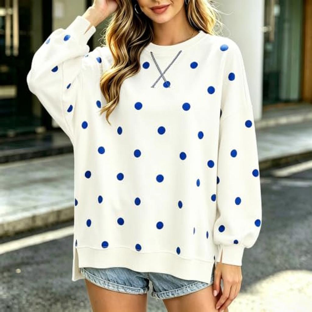 Damen Freizeit Pullover mit langen Ärmeln und Polka-Dot-Muster, lockere Passform