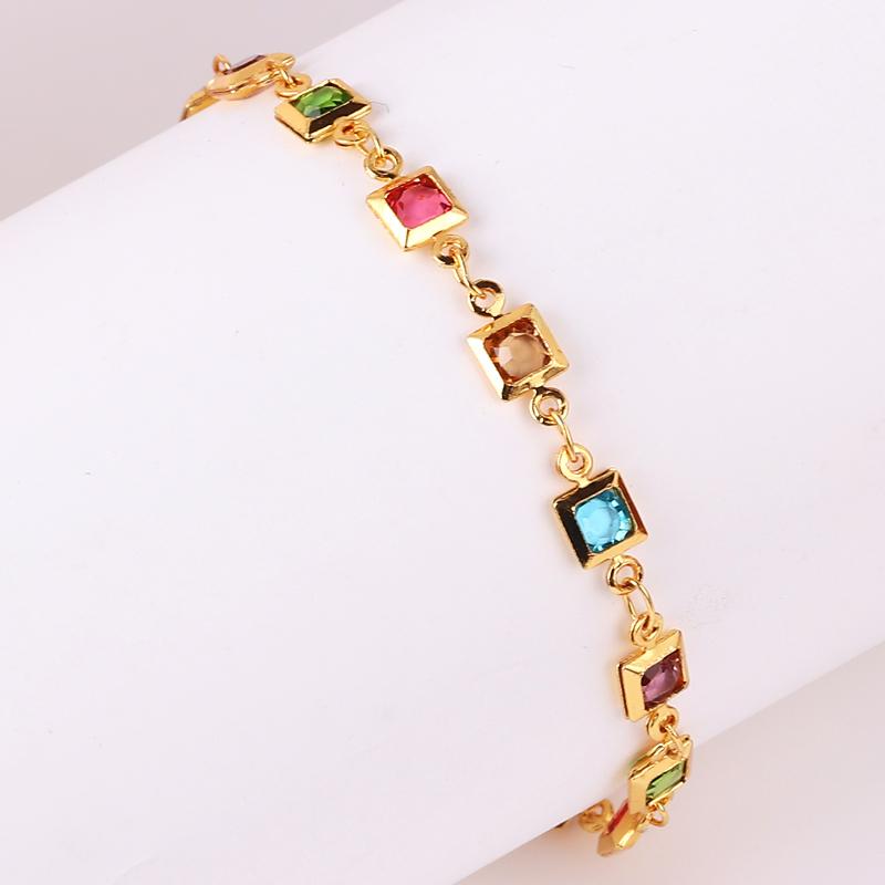 

Gold Plated Colorful Zircon Square Stone Chain Choker Neckalce Bracelet for Women Charm Handmade Chain Jewelry Set