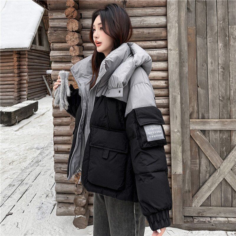Damen Winter Colorblock Kapuzen Daunen Baumwolljacke Locker Kurz Gepolsterte Jacke Koreanisch Trendy