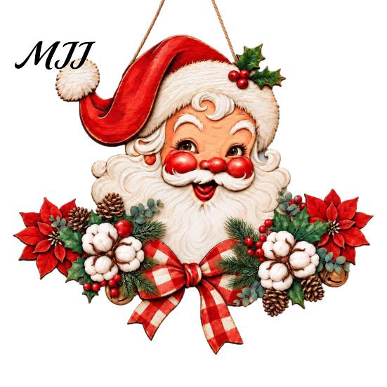 Retro Style Wooden Sign Christmas Door Hanger, Santa Claus Front Wall Plaque, Holiday Seasonal Decor for Entryway Mantel Corridor Decor,