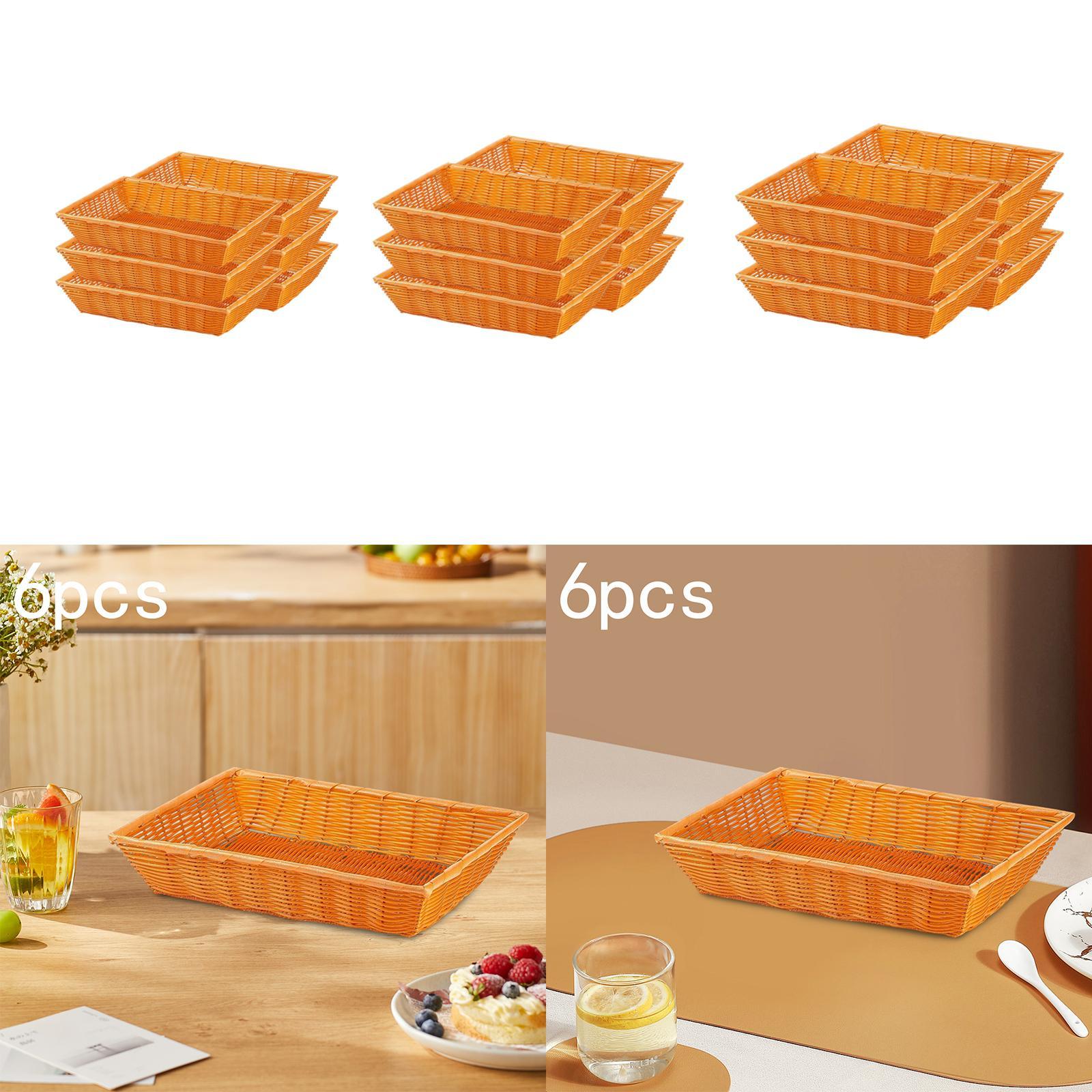6Pcs Bread Baskets Imitation Rattan Woven Baskets Food Serving Tray Multipurpose Fruit Baskets Rectangular for Vegetable Home 35x25x7cm